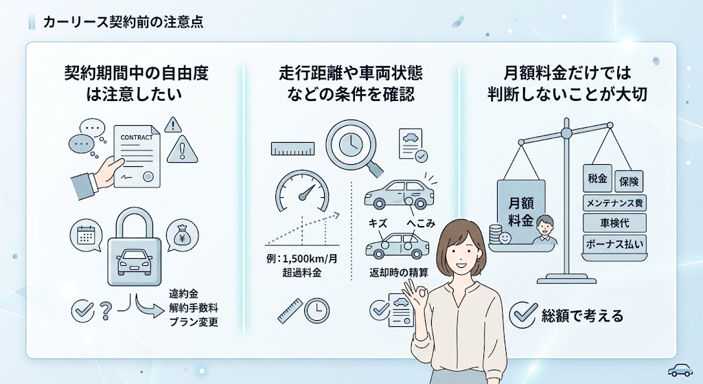 「カーリース契約前の注意点として、契約期間中の解約やプラン変更、走行距離・車両状態による追加費用、月額料金だけでなく税金・保険・メンテナンス費・車検・ボーナス払いを含めた総額を確認するポイントを解説するイラスト」